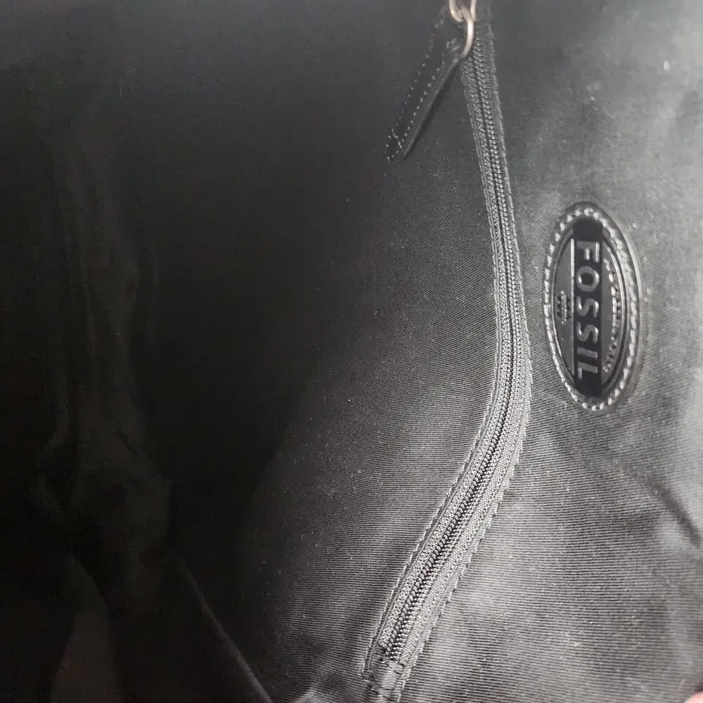 NWT Fossil Rucksack Black Emerson Leather Woven Canvas Straps Tassel Drawstring